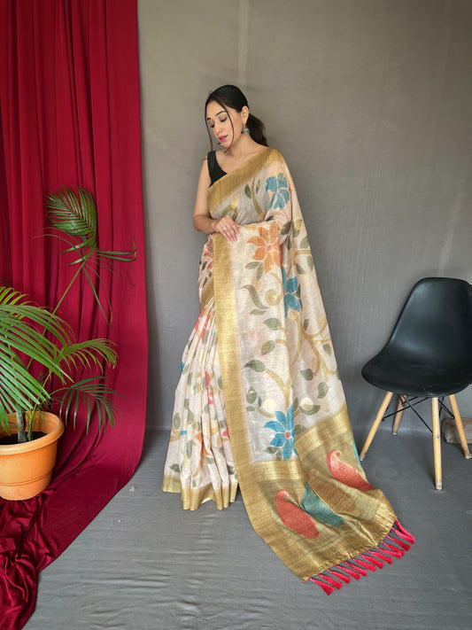 Gold Chanderi Silk With Digital Printed Silk Saree