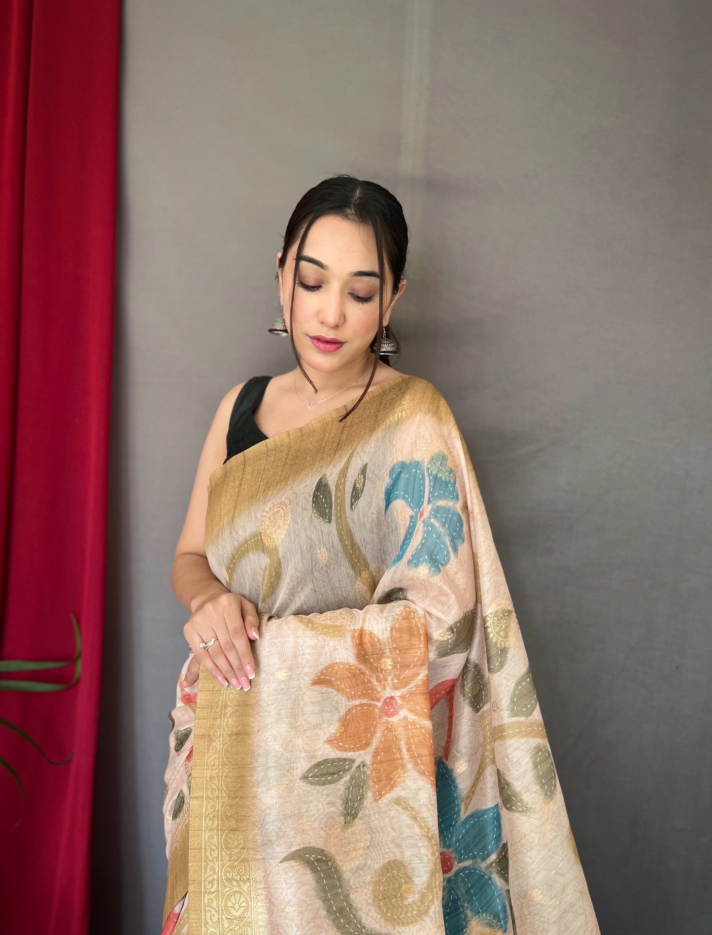 Gold Chanderi Silk With Digital Printed Silk Saree