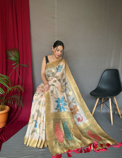 Gold Chanderi Silk With Digital Printed Silk Saree