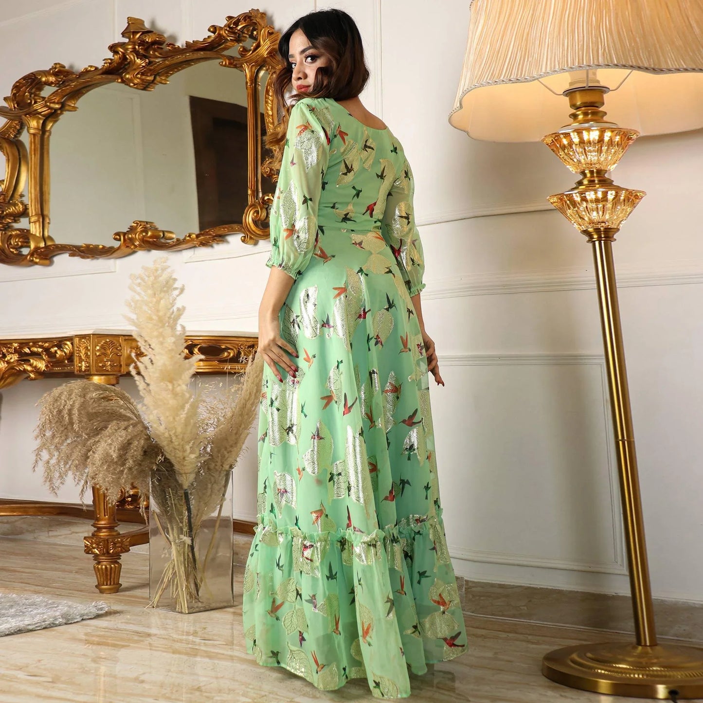 Green Digital Sparrow Printed Jacquard-Georgette Partywear Gown