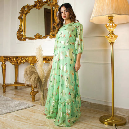 Green Digital Sparrow Printed Jacquard-Georgette Partywear Gown