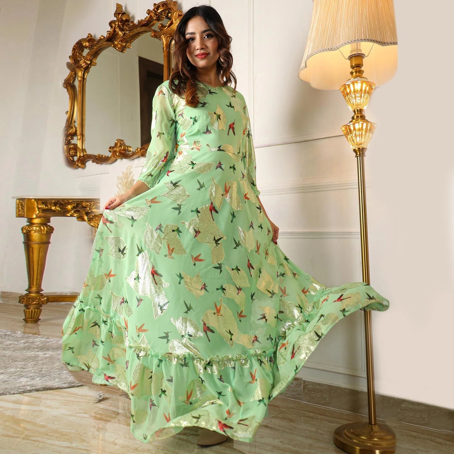 Green Digital Sparrow Printed Jacquard-Georgette Partywear Gown