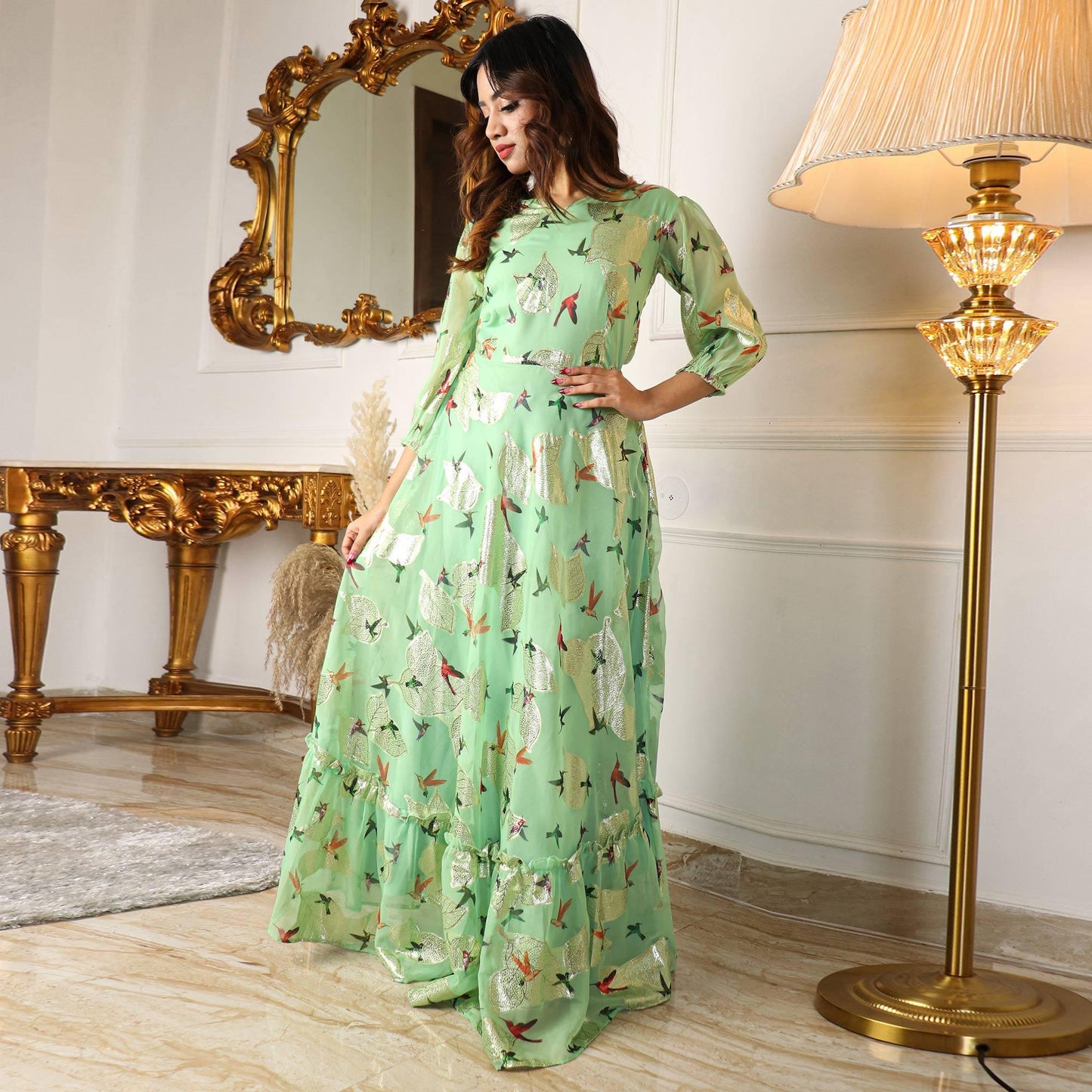 Green Digital Sparrow Printed Jacquard-Georgette Partywear Gown