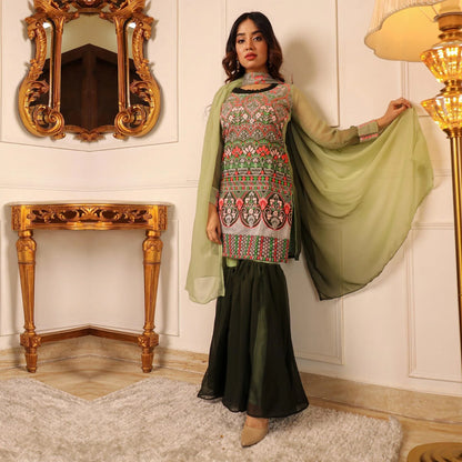 Green Floral Embroidered Georgette Sharara Suit