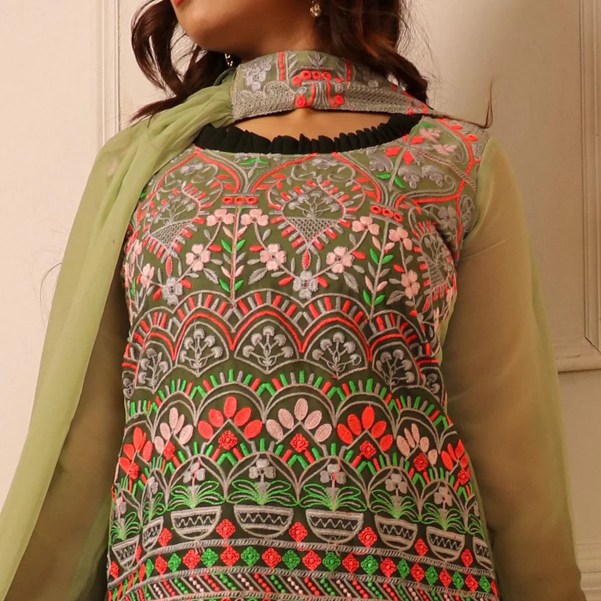 Green Floral Embroidered Georgette Sharara Suit