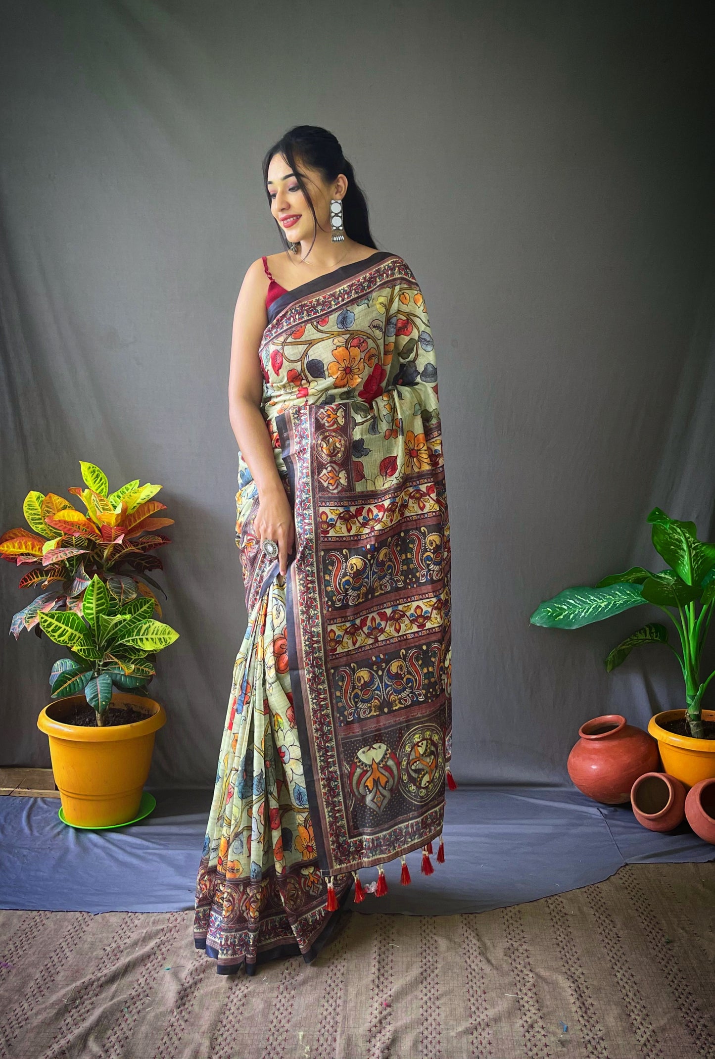 Green Cotton Kalamkari Digital Printed Beautiful Saree