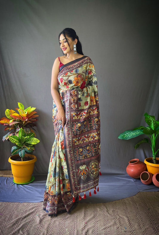 Green Cotton Kalamkari Digital Printed Beautiful Saree