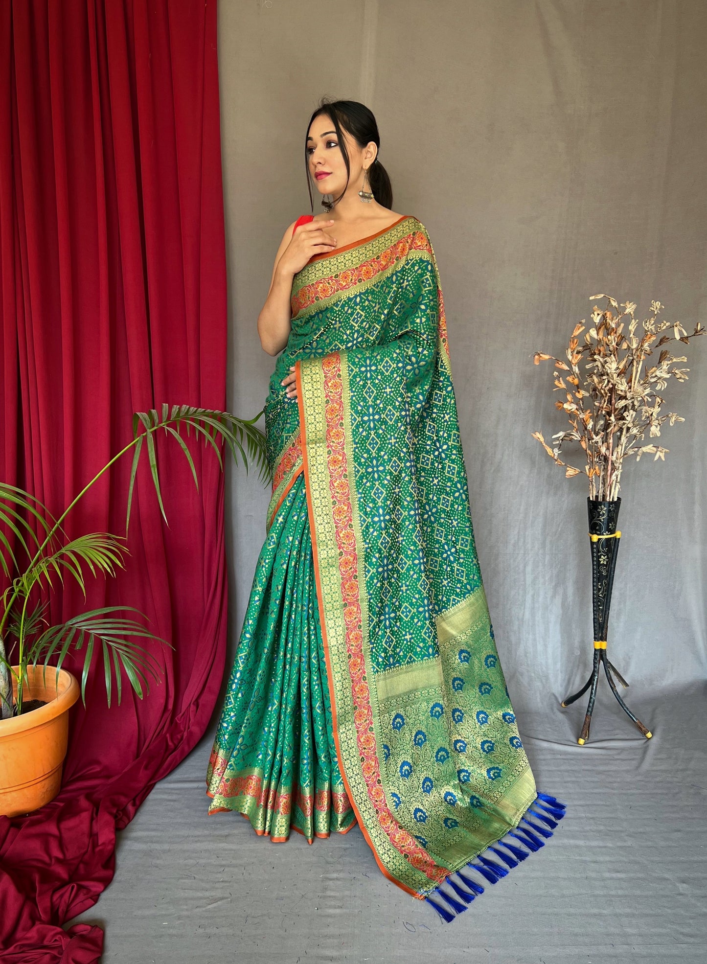 Green Color Ethnic Motifs Zari Silk Blend Patola Saree