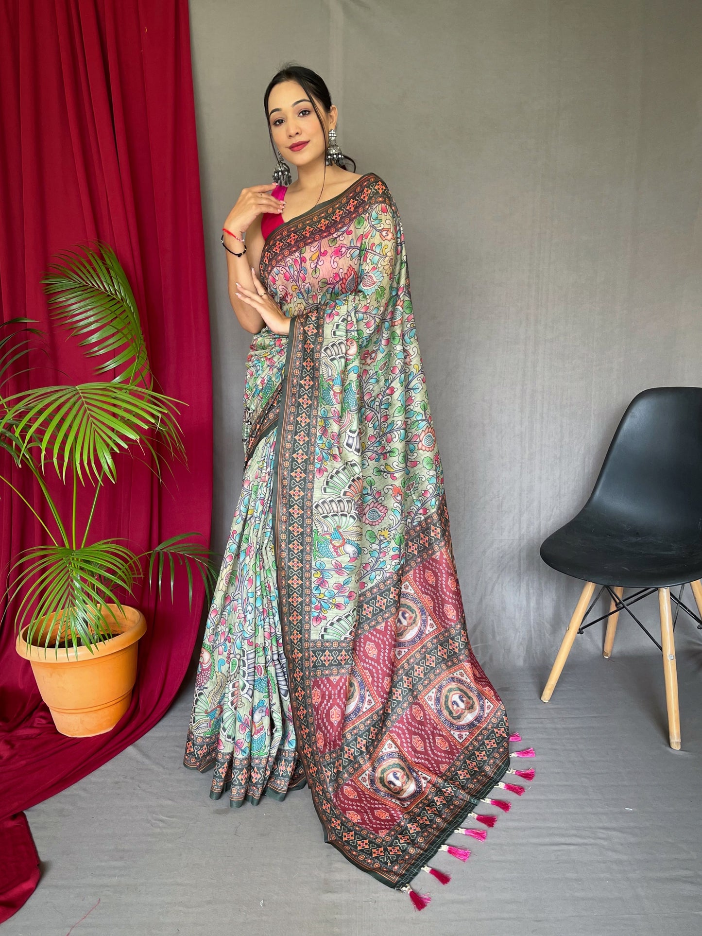 Green Cotton Bandhani Kalamkari Printed Saree