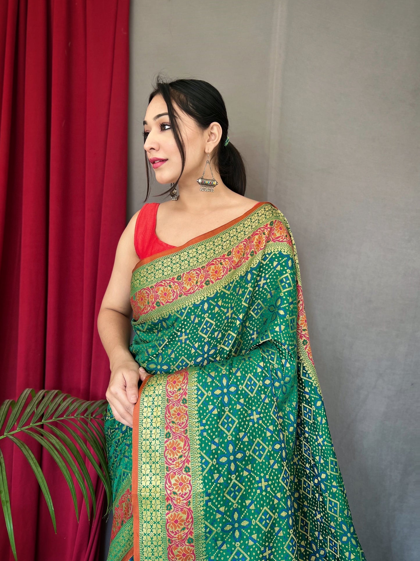 Green Color Ethnic Motifs Zari Silk Blend Patola Saree