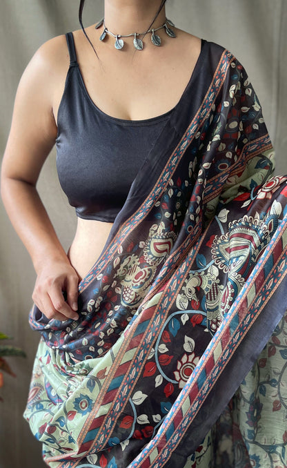 Green Color Pure Cotton Kalamkari Digital Printed Saree with Tassels