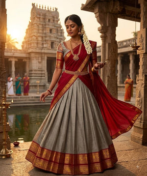 Model Wearing Grey And Maroon Kanjivaram Silk Zari Weaving Work Half Saree Langa Voni Set Holding A Diya In Front Of A Traditional Temple Background By The Beauty Queen