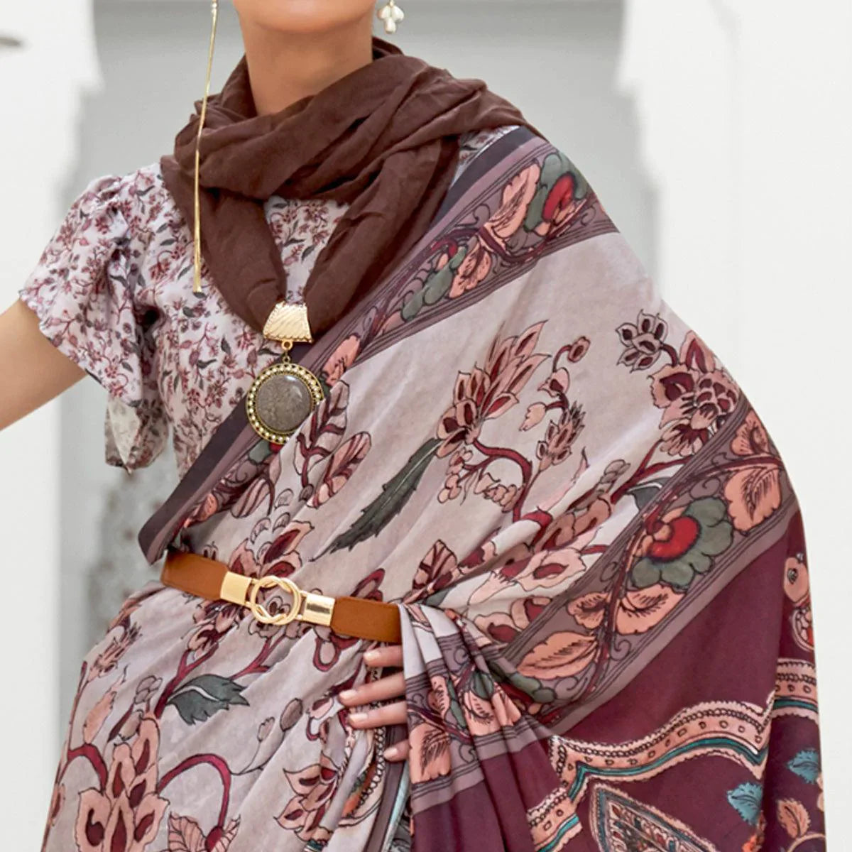 Grey Partywear Floral Digital Printed Silk Saree