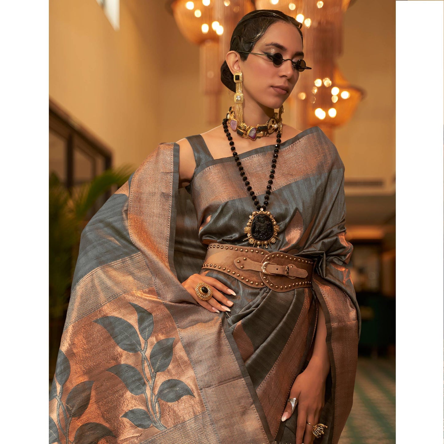 Grey Woven Art Silk Saree With Tassels