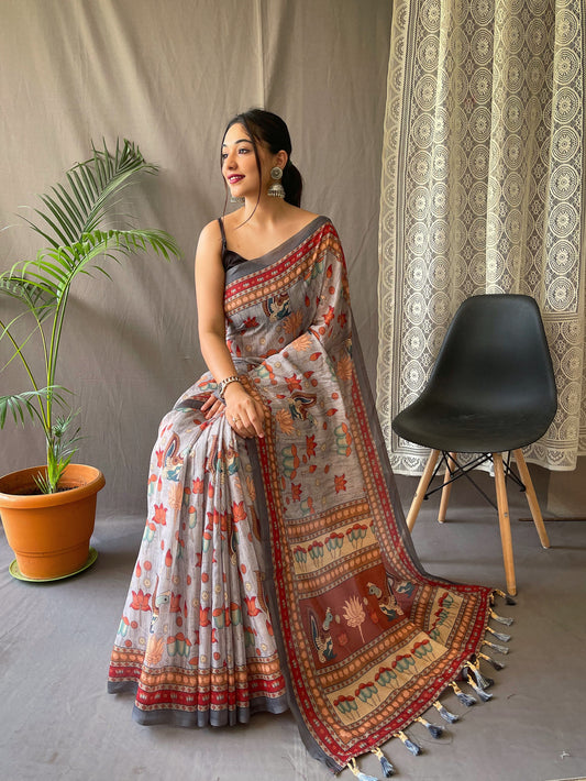 GREY KALAMKARI PRINTED COTTON SILK SAREE