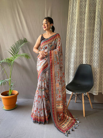 GREY KALAMKARI PRINTED COTTON SILK SAREE