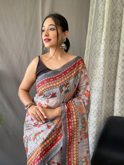 GREY KALAMKARI PRINTED COTTON SILK SAREE