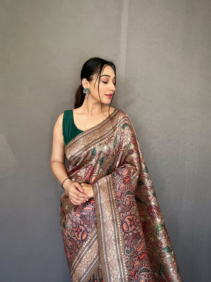 Grey Diva Soft Silk Saree With Kalamkari Fusion Print