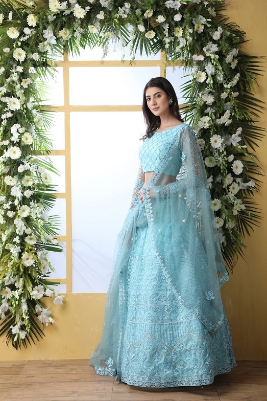 Sky Blue Thread Embroidered with Net Lehenga Choli Set