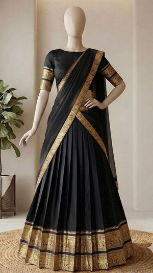 Jet Black Monochrome Kanci Cotton Zari Weaving Work South Indian Half Saree Langa Voni Set flat lay view by The Beauty Queen
