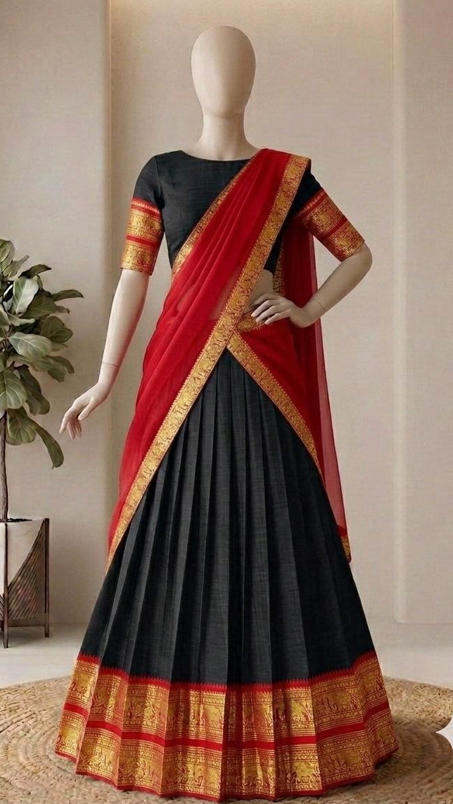 Jet Black and Bright Red Kanci Cotton Zari Weaving Work South Indian Half Saree Langa Voni Set flat lay view by The Beauty Queen