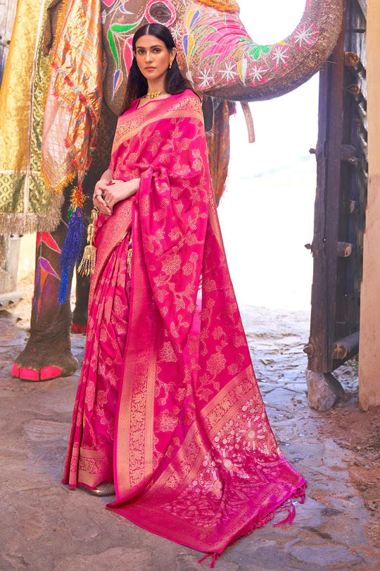 Hot Pink Soft Silk Saree In Handloom Weaving With Sequins