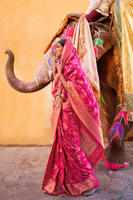 Hot Pink Soft Silk Saree In Handloom Weaving With Sequins