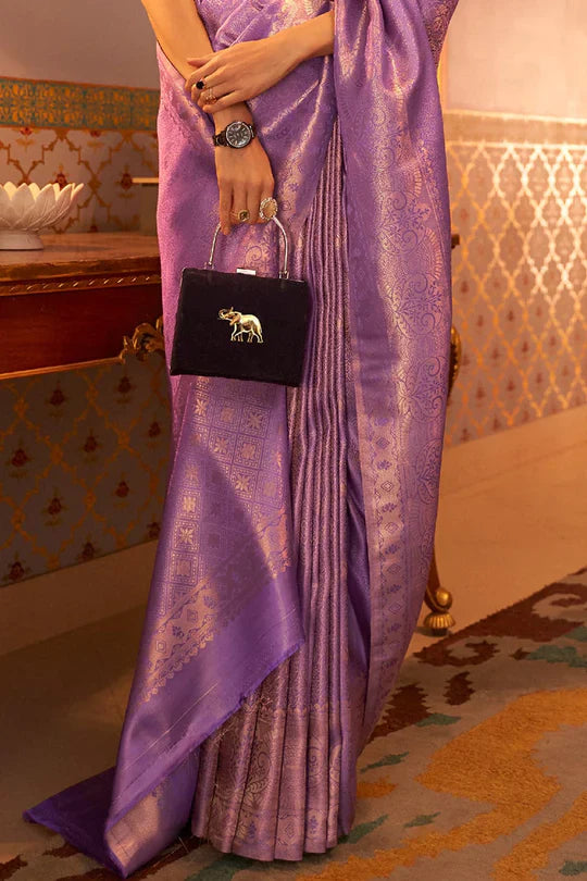 Wisteria Purple Golden Zari Shine Soft Kanjivaram Silk Wedding Saree