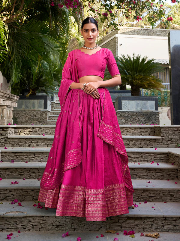 Pink Chanderi Lehenga Choli with Zari Weaving Work – Designer Festive & Wedding Wear Lehenga