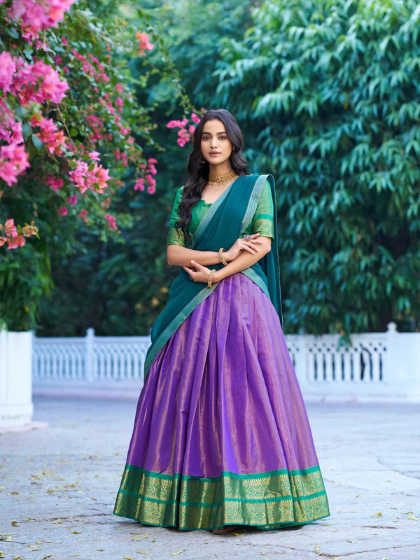 Lavender Kanchipuram Silk Lehenga Choli with Traditional Gold Zari Weaving Work by The Beauty Queen Surat