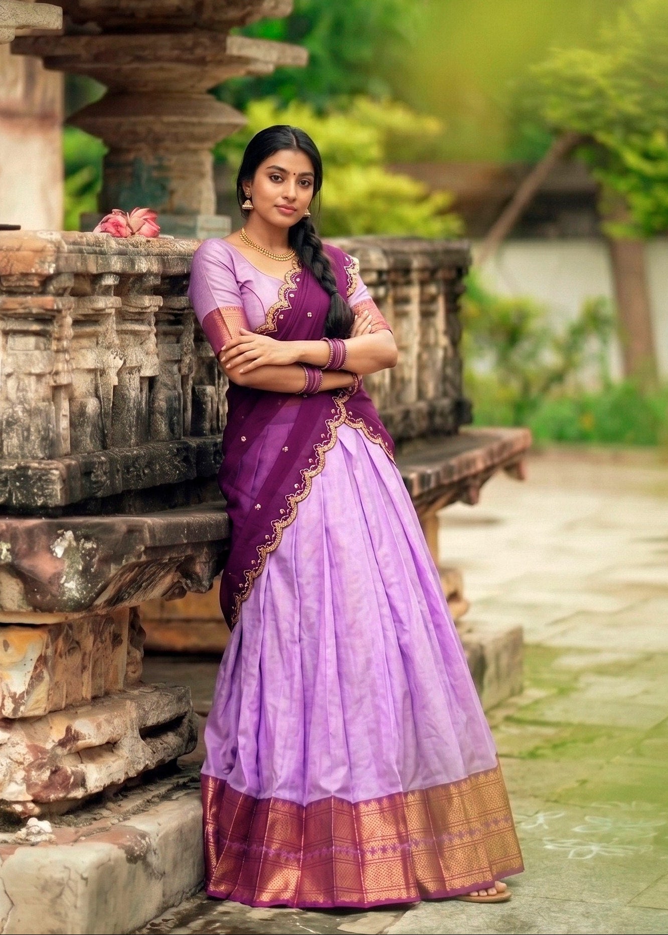 Lavender and Deep Purple Cotton Silk Zari Weaving Work South Indian Half Saree Lehenga Choli Set with Cutwork Dupatta by The Beauty Queen
