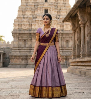 Model Wearing Lavender And Wine Kanjivaram Silk Zari Weaving Work Half Saree Langa Voni Set Standing In Front Of A Traditional Temple Background By The Beauty Queen