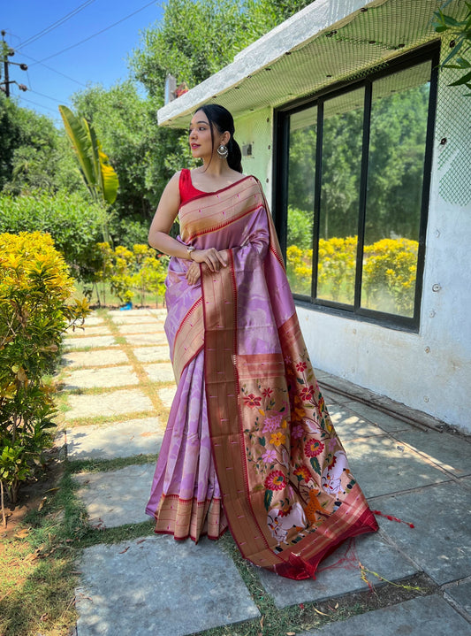 Lavender Soft Paithani Silk 3d Traditional Design Patterns Gold And Silver Zari Saree