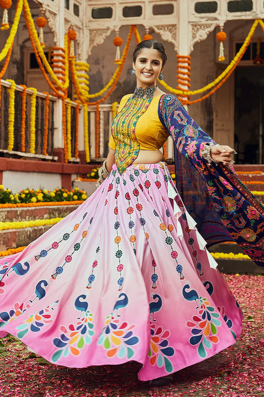 Pink Cotton Digital Printed Navratri Wear Ghaghra Choli