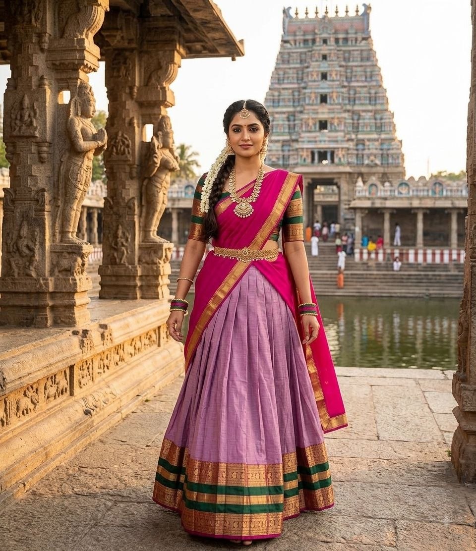 Model Wearing Lilac And Pink Kanjivaram Silk Zari Weaving Work Half Saree Langa Voni Set Standing In Front Of A Traditional Temple Background By The Beauty Queen