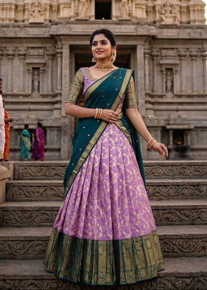 Lilac Purple and Dark Green Kanjivaram Silk Zari Weaving Work South Indian Half Saree Lehenga Choli Set flat lay view by The Beauty Queen