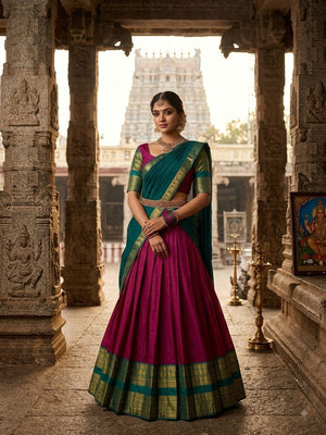 Model Wearing Magenta Pink And Teal Green Kanjivaram Silk Zari Weaving Work Half Saree Langa Voni Set Standing In Front Of A Traditional Temple Background By The Beauty Queen