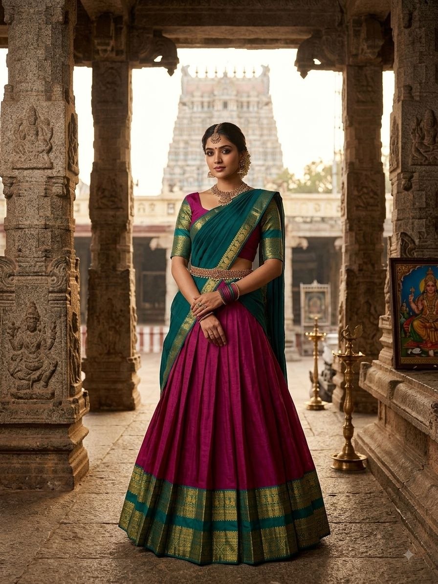 Model Wearing Magenta Pink And Teal Green Kanjivaram Silk Zari Weaving Work Half Saree Langa Voni Set Standing In Front Of A Traditional Temple Background By The Beauty Queen