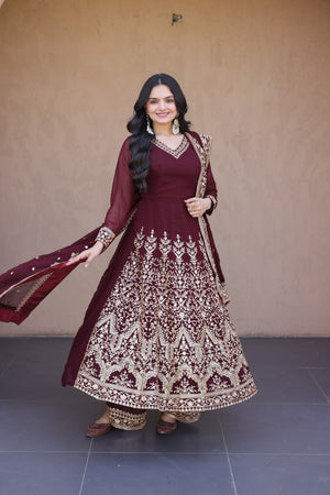 Model Wearing Maroon Faux Blooming Georgette Embroidered Multi-Sequins Work Full Sleeves Gown Set By The Beauty Queen