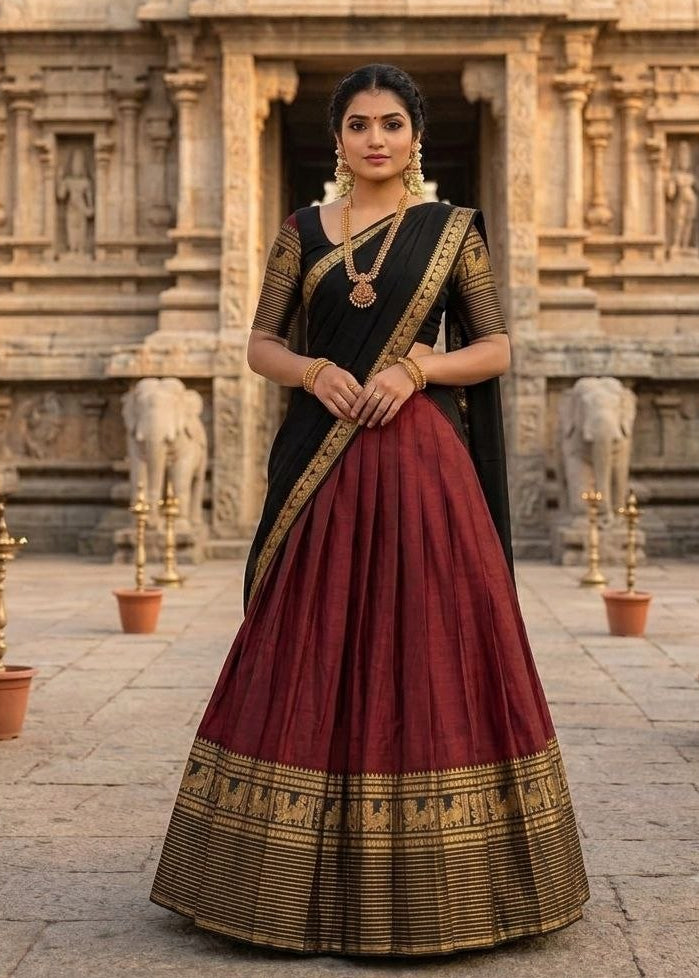 Maroon and Jet Black Kanci Cotton Zari Weaving Work South Indian Half Saree Lehenga Choli Set flat lay view by The Beauty Queen