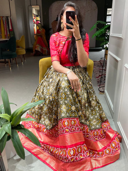 Mehndi Color Patola Paithani Printed And Foil Printed Dola Silk Gown