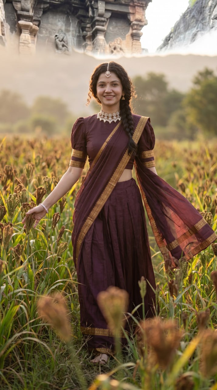 Dark Plum Wine Kanci Cotton Zari Weaving Work South Indian Half Saree Langa Voni Set flat lay view by The Beauty Queen