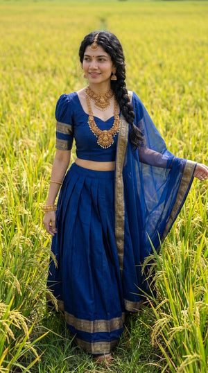 Monochrome Royal Navy Blue Kanci Cotton Zari Weaving Work South Indian Half Saree Langa Voni Set flat lay view by The Beauty Queen