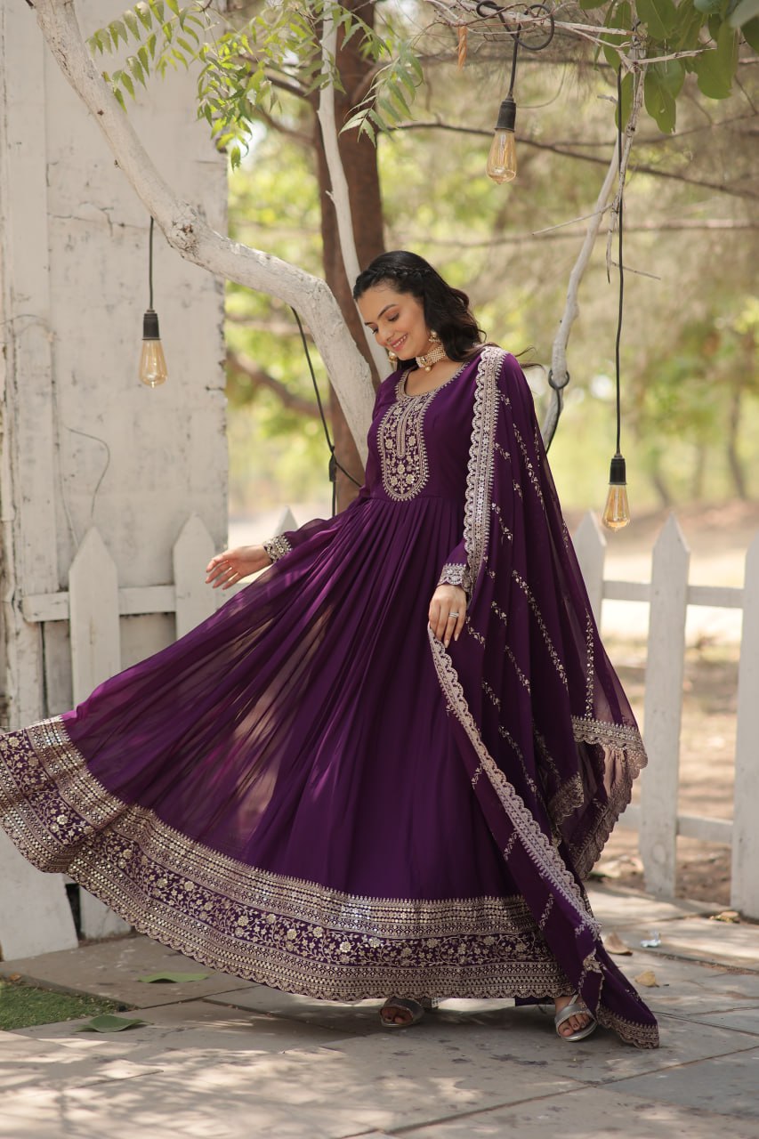 Purple Faux Blooming Gown With Rich Sequins Embroidered Work Gown