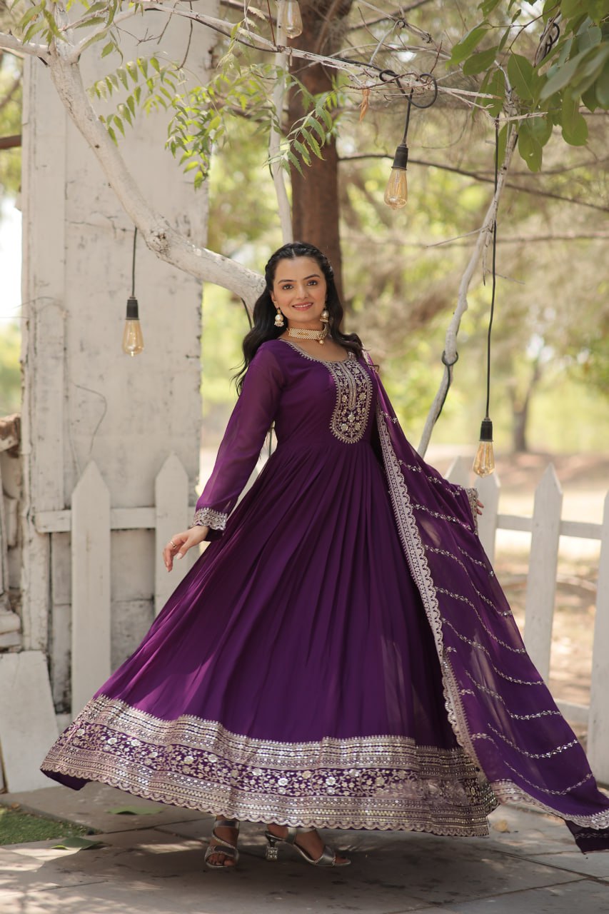 Purple Faux Blooming Gown With Rich Sequins Embroidered Work Gown