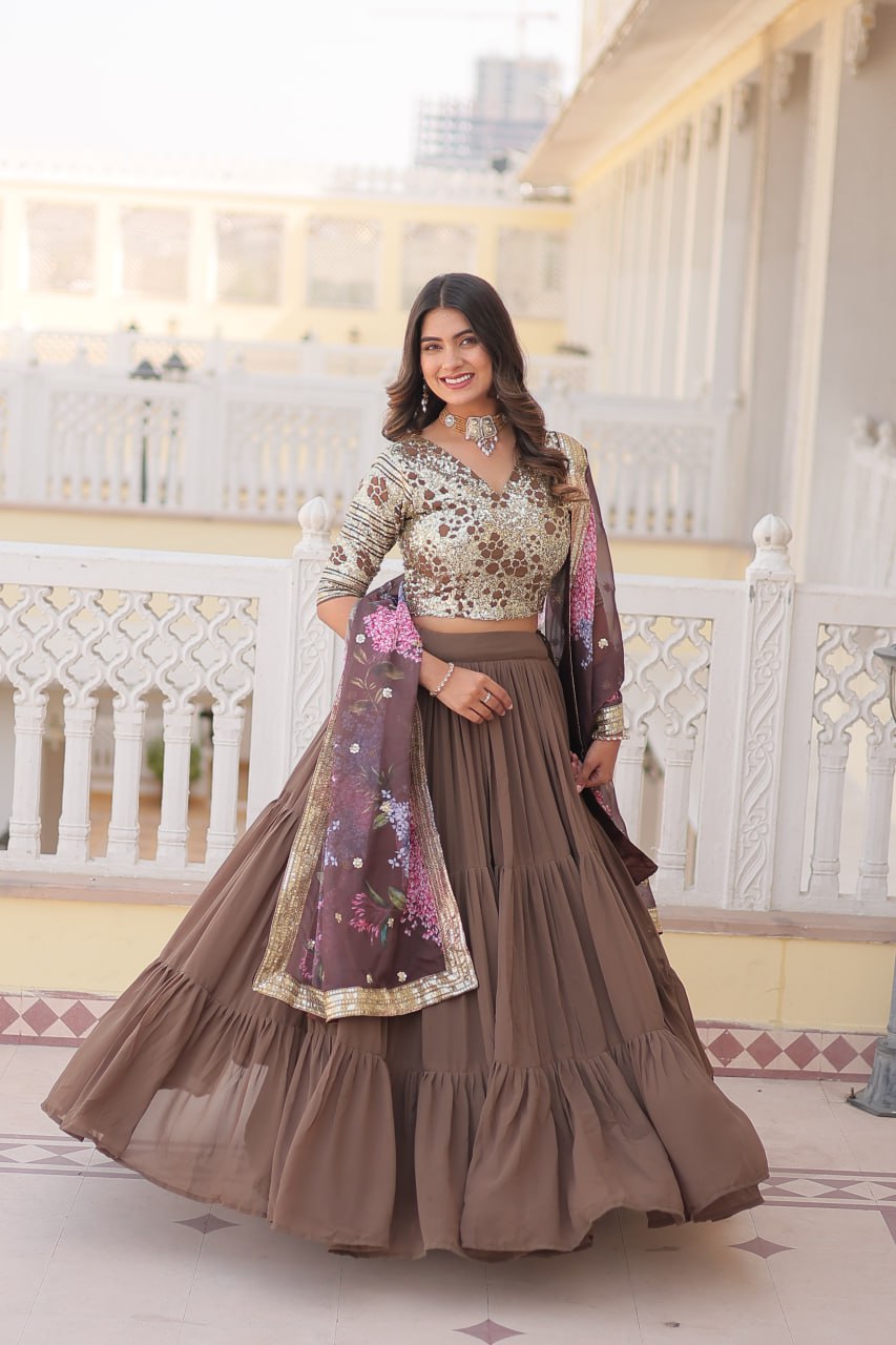 Beige Color Faux Georgette With Sequins Embroidered Work Lehenga Choli