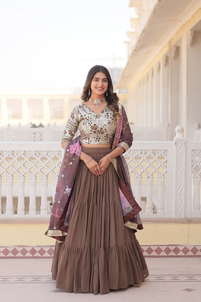 Beige Color Faux Georgette With Sequins Embroidered Work Lehenga Choli