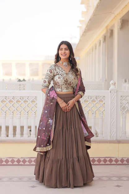 Beige Color Faux Georgette With Sequins Embroidered Work Lehenga Choli