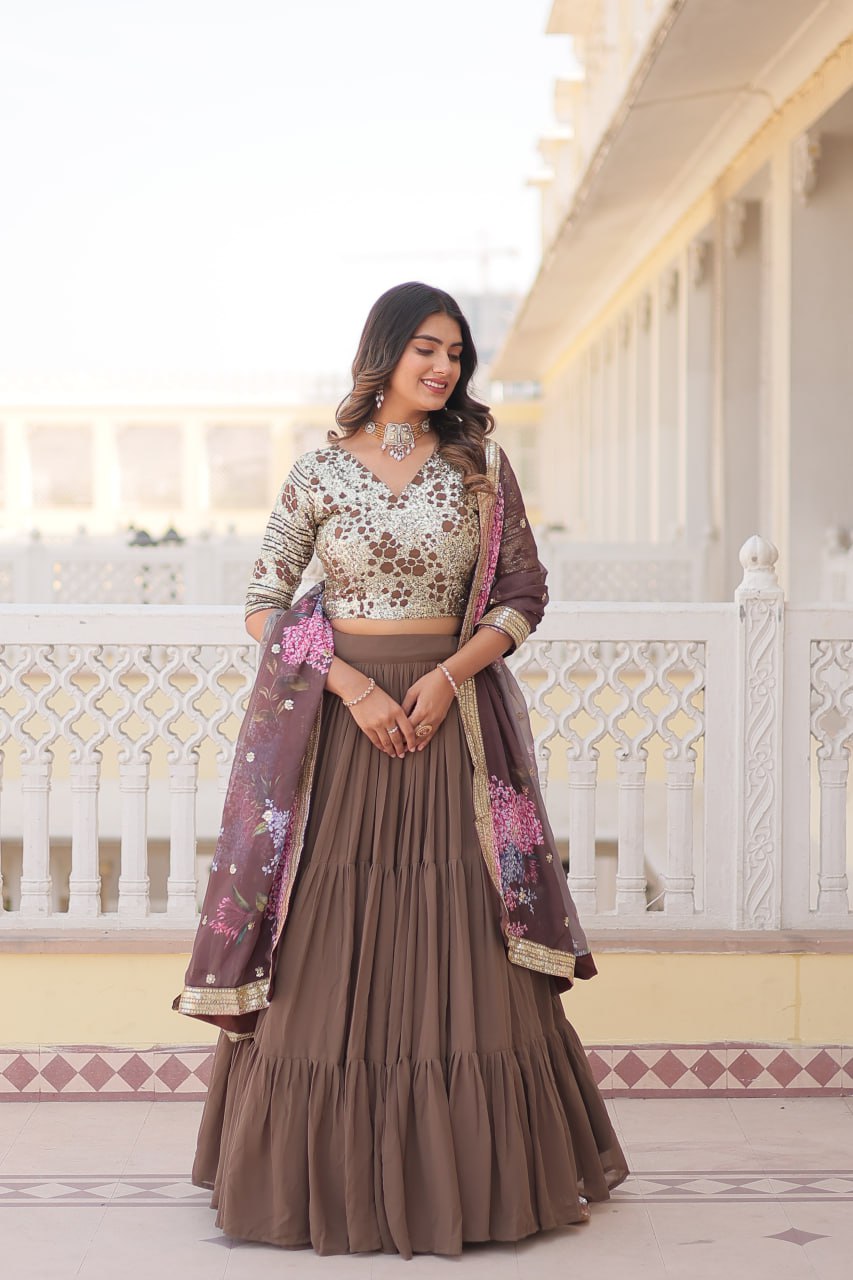 Beige Color Faux Georgette With Sequins Embroidered Work Lehenga Choli