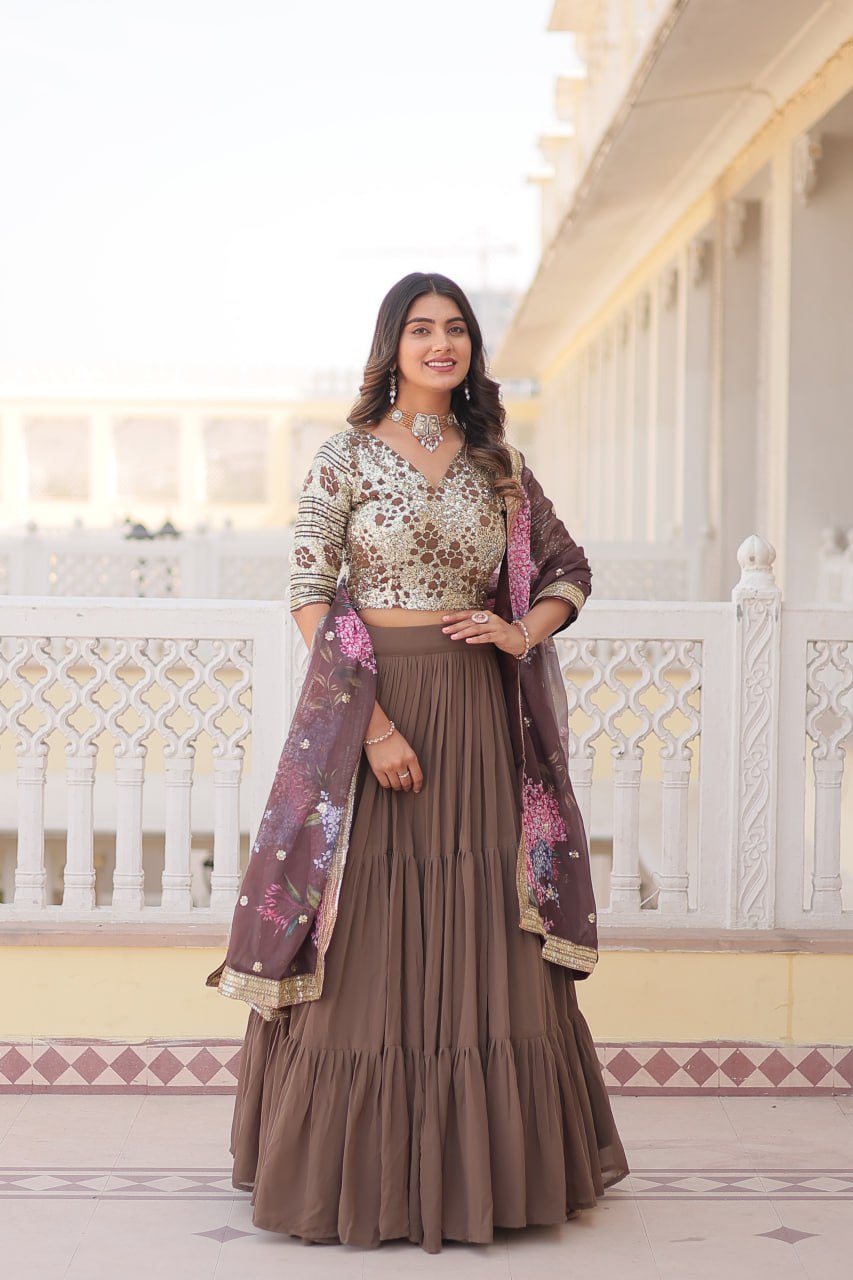 Beige Color Faux Georgette With Sequins Embroidered Work Lehenga Choli